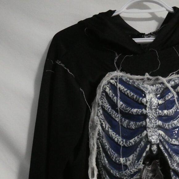 Black Skeleton Reaper Hooded Robe | large | Exposed Rib Cage | Dangling Webbing - Picture 4 of 16